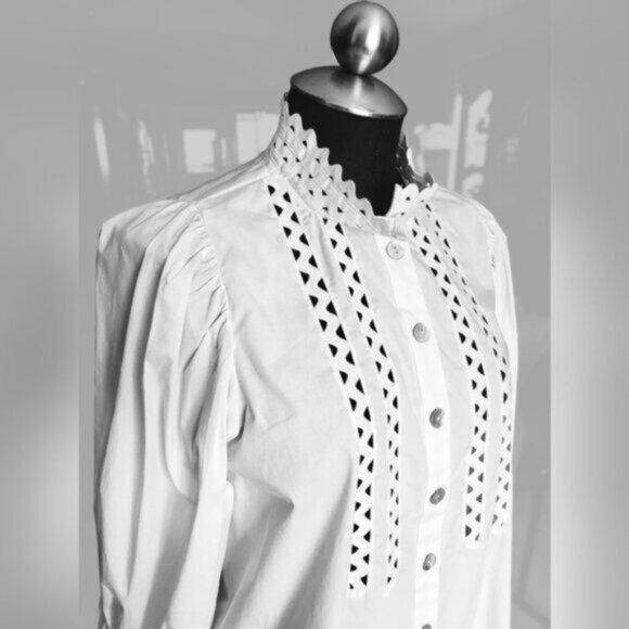 White Lace Cut Out Mandarin Collar Puff Sleeve Cotton Blouse Esqualo Sz 4 - Picture 3 of 15
